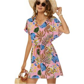 Women Casual Swim Cover up Short Sleeve Mini Beach Dress (Color: style 3)