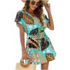 Women Casual Swim Cover up Short Sleeve Mini Beach Dress