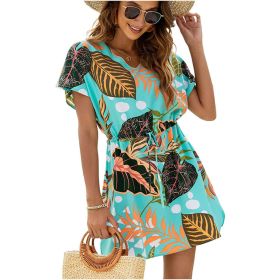 Women Casual Swim Cover up Short Sleeve Mini Beach Dress (Color: style 6)