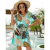 Women Casual Swim Cover up Short Sleeve Mini Beach Dress