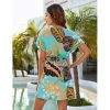 Women Casual Swim Cover up Short Sleeve Mini Beach Dress